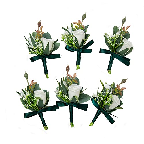 6Pieces /lot Artificial Foam PE Flowers Wedding Groom Brother Father Boutonnieres Men Buttonholes Corsage Wedding Flower Party Decoration (Ivory with Green Ribbon 6)
