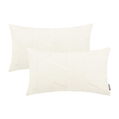 BRAWARM Faux Leather Pillow Covers 12 X 20 Inches, Cream Leather Lumbar Pillow Covers Pack of 2, Geometric Embroidery Leather Decorative Throw Pillows for Living Room Couch Bed Sofa Home