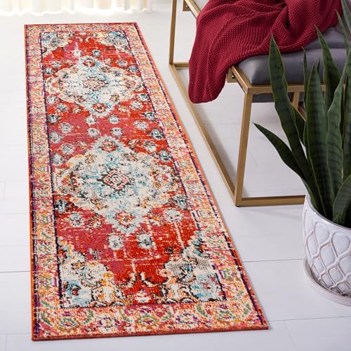 Safavieh Boho Rug for Living Room, Dining Room, Bedroom - Monaco Collection, Short Pile, in Orange and Light Blue, 66 X 244 cm