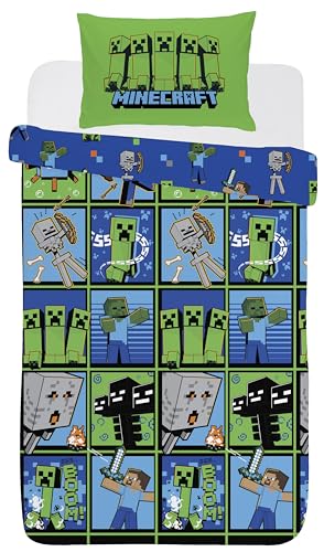 Minecraft Duvet Cover Set Single Creeper Design Bedding Set with Pillowcase Blue Green
