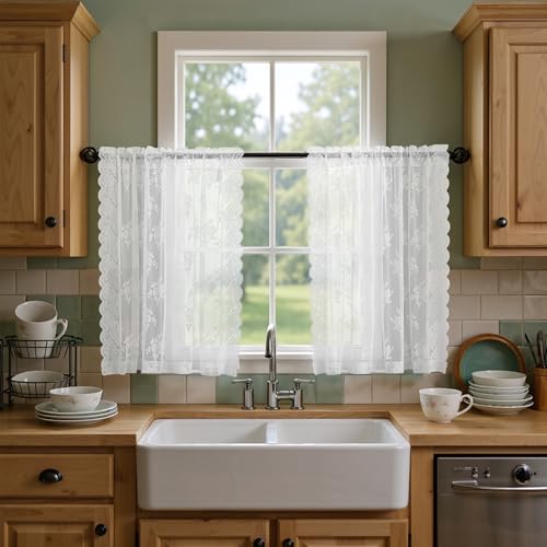 Kotile White Lace Curtains 36 Inch Length 2 Panels Set, Country Rustic Floral Short Lace Kitchen Curtains Over Blinds, Rod Pocket Privacy Sheer Lace Caf?? Curtains for Small Windows, Each 52 x 36 Inch