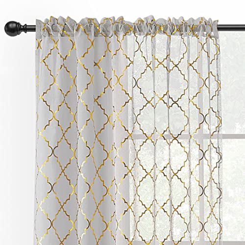 "Kotile - Grey and Gold Sheer Curtains 96"" (96"") Arched Moroccan Metallic Pattern Rod Pocket Light Filtering Privacy Light Filtering 52"" W x 96"" L (2 Pieces)"
