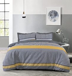Sleepdown Stripe Geo Abstract Mono Black Grey Ochre Reversible Duvet Cover Quilt Pillow Cases Bedding Set Soft Easy Care - King (230cm x 220cm)