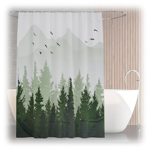 Relaxdays Shower Curtain, Pine Forest, 180 x 200 cm, Mould Resistant, Washable, 12 Rings, for Bathtub, Multicoloured, Polyester