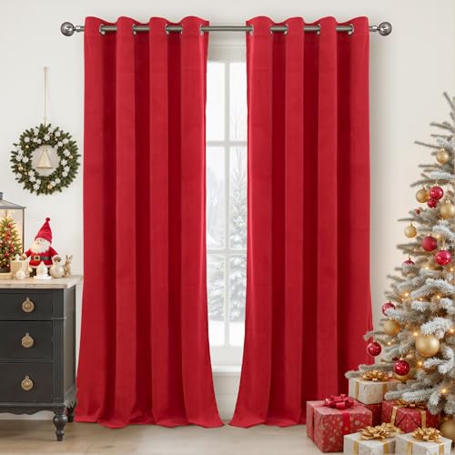 YoungsTex Red Velvet Blackout Curtains 90 Inches Length for Living Room, Room Darkening Window Drapes with Grommet Privacy Thermal Insulated for Sliding Door Bedroom, 2 Panels, 52 X 90 Inch