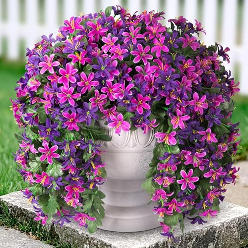 Artificial Fake Hanging Flowers Plants Lily for Outdoors Fall Decor, 2 PCS Faux Outside Lily Flower Vines UV Resistance Realistic Silk Fall Flowers for Home Wall Patio Porch Balcony (mixpurple)