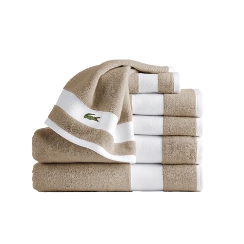 Lacoste Sport Stripe 6-Piece Luxury Cotton Towel Set ??? Made with 100% Soft Supima Cotton, Absorbent & Quick-Drying, Includes 2 Bath Towels, 2 Hand Towels, 2 Washcloths, Sand