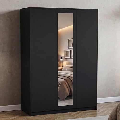Vida Designs Denver 3 Door Mirrored Wardrobe - Black - 170H x 116W x 54D cm - Modern Bedroom Furniture - With Storage Shelf & Hanging Rail - Large Capacity Storage