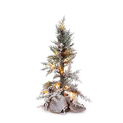 SHATCHI Table Mantel Centrepiece Pre Lit LED Christmas Tree Frosted Tips with Pine Cones Flocked Snow Covered Xmas Tree with Burlap Base for Decoration