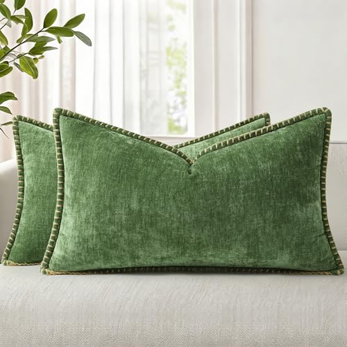 decorUhome Soft Chenille Throw Pillow Covers 12x20 Set of 2 Forest Green - Christmas Textured Decorative Throw Pillow Cases Stitched Edge Modern Farmhouse Luxury Boho Velvet for Couch Sofa Bed Home