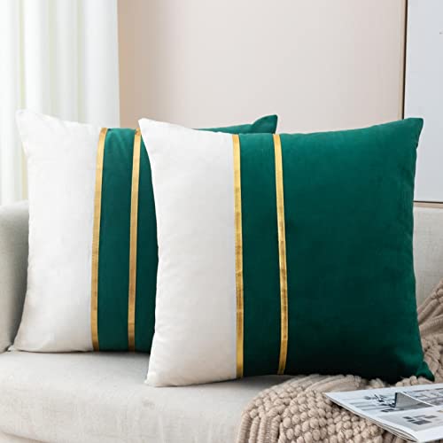 ZLINA Gold Leather Striped Throw Pillow Covers 24??24 Inch.Dark Green - 2-Pack,Velvet fabric two tone pillow cover,with gold leather stripe decoration cushion covers,for Sofa Bedroom Home Decor