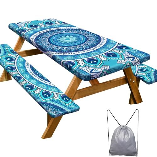 Play Tailor Picnic Table Cover Bench Covers Camping Essentials Tablecloth - Waterproof Vinyl for Outdoor, Windproof Elastic Fitted Edges, RV BBQ Accessories Must Haves, Storage Bag Included