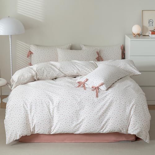 HighBuy Girl Duvet Cover Twin Botanical Flower Coquette Bedding Set Vintage Style Garden Floral Duvet Cover Twin with 2 Bowknot Bow Tie Pillowcases Boho Soft Cotton Comforter Cover with Zipper Ties