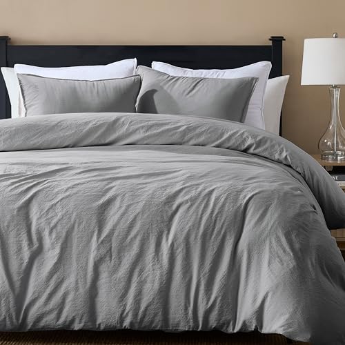 WDCOZY Grey Queen Size Jacquard Duvet Cover Set with Zipper Closure, Modern Washed Soft Striped Bedding, Textured Seersucker Like Cotton Line, 1 Duvet Cover and 2 Pillow Shams, No Comforter