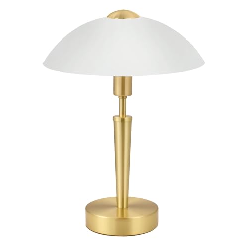 Eglo Solo 1 Table Lamp, Brass Matt Steel and Satin White Glass Desk Light, E14 Socket, incl. Touch dimmer