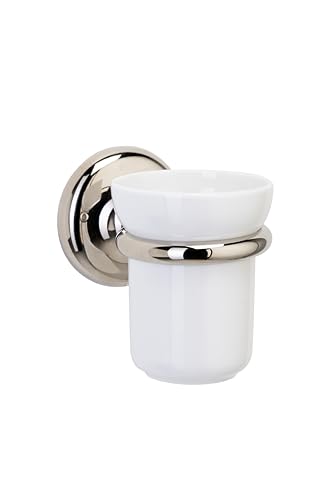 Croydex Grosvenor Ceramic Toothbrush Holder Cup with Solid Brass Mount - No Drill Required - Gold Bathroom Accessories - Your Choice to Screw or Glue with Flexi-Fix Brackets