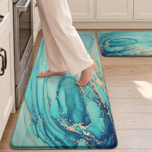 MAYHMYO Kitchen Rugs and Mats Set of 2 Teal Marble Gold Anti Fatigue Mat PVC Non Slip Turquoise Foam Cushioned Kitchen Mats for Floor Dining Room Home Office Sink Laundry