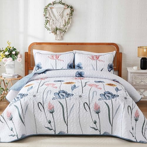 "WONGS BEDDING Floral Quilt Set YS01AC081438K3U-A - Soft Farmhouse Floral Coverlet with Blue&Pink Flowers, All-Season Summer Bed Cover for Women Girls (110""x90"")"