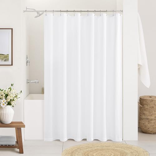 DUKIYO White Linen Shower Curtain 198 cm Long, Textured Fabric Shower Curtain Set with Hooks, Water Resistant, Simple, Elegant, Modern, Farmhouse Style, for Bathroom, 183 x