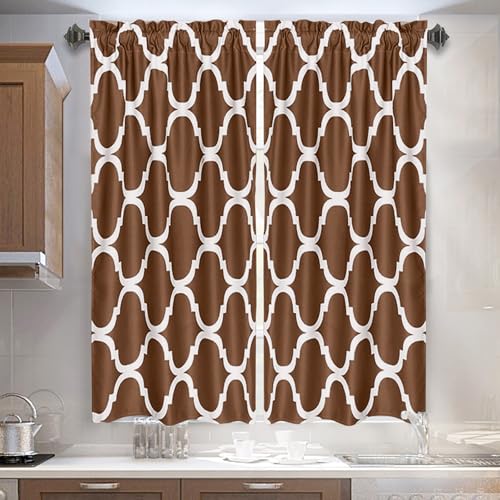 Melodieux Set of 2 Moroccan Fashion Tier Curtains for Kitchen,Geometric Lattice Rod Pocket Curtains for Cafe Bathroom Small Windows, Tiers - 29x45 Inch Length,Coffee