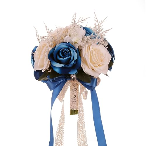 Artificial Bouquets for Bride & Bridesmaid, Bridal Flower for Wedding - 8.6x10.2 Inches, Champagne White & Royal Blue, Lace Ribbon, Lifelike, Elegant, No Odd Smell, Toss Rose for Civil Ceremony