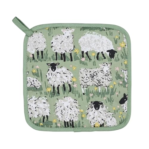 Ulster Weavers - Green Sheep Pot Mat/Pot Holder (21 x 21cm) - 100% Cotton - Cotton Trivet with Sheep - Farm Animals Pot Mat - For Hot Pan Mat - Trivets for Hot Pans - Kitchen Accessories/Sheep Gifts