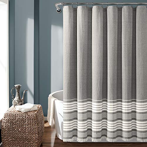"Lush Decor, Gray Nantucket Yarn Dyed Cotton Tassel Fringe Shower Curtain, 72"" x 72"", 16T004620"
