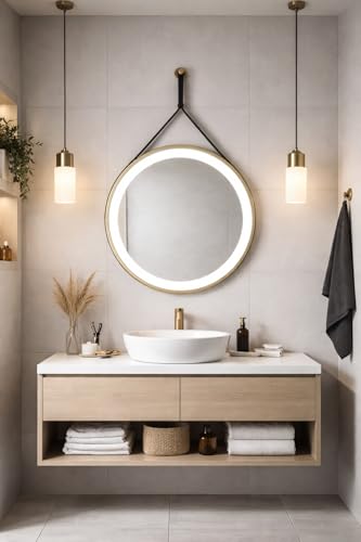 Keenware KBM-360 Midas Round LED Brushed Brass Framed Bathroom Mirror With Hook & Loop 600mm