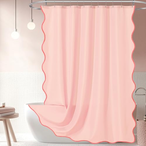 ORTIGIA Blush Pink Scalloped Shower Curtain, Light Pink Cute Shower Curtain Peach Aesthetic Preppy Boho Waterproof Fabric Girly Bath Bathroom Decor with Metal Hook 72W x 72H Inch