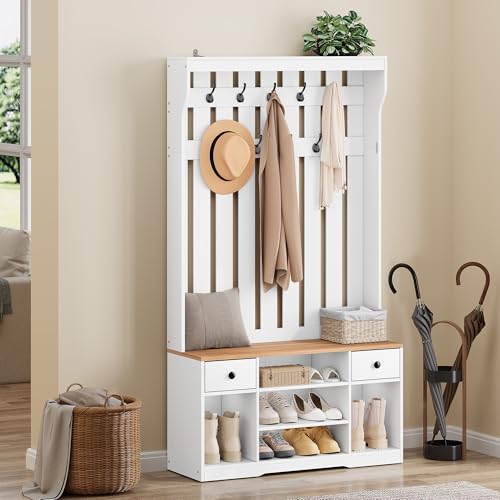 YITAHOME Coat Stand, Coat Rack with Shoe Bench, 100x35x180cm Hall Tree with 9 Hooks & 2 Removable Fabric Drawer, Hallway Storage Unit, Shoe and Coat Rack for Entryway, Living Room, Wood Grain White