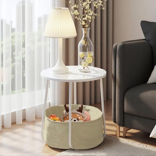 FurnitureR Round Sofa End Table with Fabric Basket, Storage for Living Room, Bedroom, Bedside Table, Modern Style with White MDF, Metal Frame, 45 x 45 x 50.5 cm