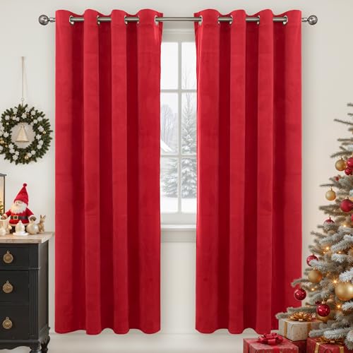 YoungsTex Red Velvet Curtains 72 Inches Length for Living Room, Thermal Insulated Window Drapes with Grommet Privacy Christmas Decor for Dining Bedroom, 2 Panels, 52 X 72 Inch