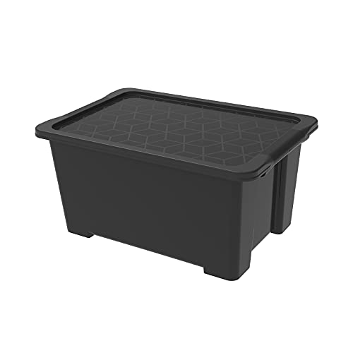 Rotho Evo Easy Storage Box with Lid 44 L Size 58.5 x 39.0 x 27.9 cm Black - Home Storage for Household Items, 44 L Capacity, Included Lid, Recycled PP, Black Finish, Size 58.5 x 39.0 x 27.9 cm