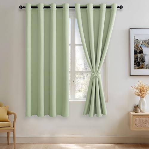 JIUZHEN Light Green Blackout Curtains with Tiebacks-Thermal Insulated, Light Blocking and Noise Reducing Grommet Curtain Drapes for Bedroom and Living Room, Set of 2 Curtain Panels, 52x63 Inch Length