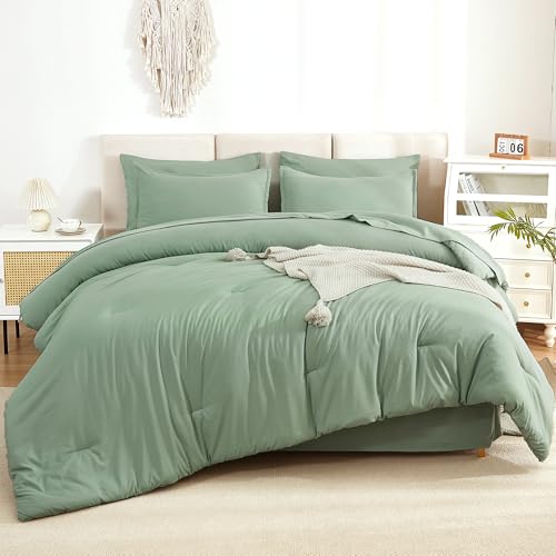 Litanika Comforter Full Size Set Sage Green - 7 Pieces Bed in a Bag Full Bedding Comforter Sets, Plain Lightweight Bed Set with Comforter, Sheets, Pillowcases & Shams