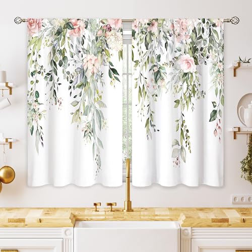 oolygoo Pink Rose Wooden Eucalyptus Botanical Leaves Floral Kitchen Window Curtains Farmhouse Flower Leaf Small Treatment Sage Green Cafe Short Curtains for Bathroom Treatment Tier Drapes 26x45 inch
