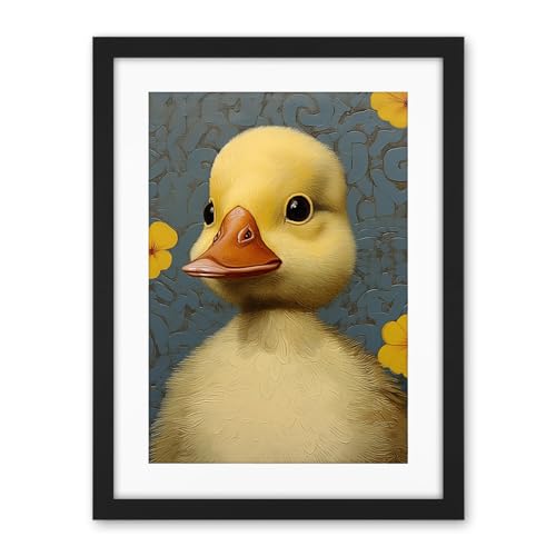 Artery8 Duckling with Flowers Oil Painting Kids Bedroom Baby Nursery Duck Artwork Framed Wall Art Print 18X24 Inch