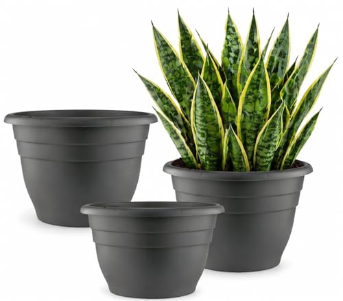 RoomTrimmer Plastic Planter Pots, Set of 3, 11 Inch Plant Pots, Gray