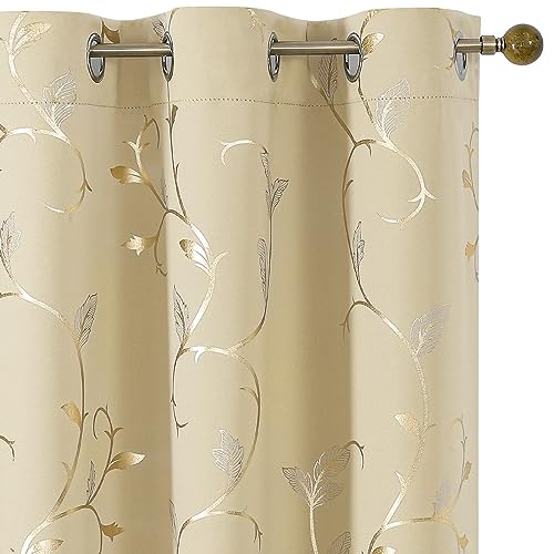 BUHUA Blackout Curtains Gold Foil Print Flower Vine Grommet Drapes, Room Darkening Thermal Insulated Curtains, Noise Reducing Blackout Curtain for Bedroom, Beige, 38Wx63L, 2 Panels