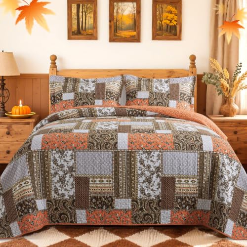 BEDIFANY Cotton California King Size Quilt for Farmhouse- Fall Patchwork Bedspread Set - Highly-Woven Soft Reversible Oversized King Size Coverlet for All Seasons (Floral Orange) 3 Pieces