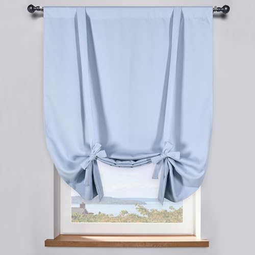 DONREN Blackout Tie Up Curtain Thermal Insulated Curtain Bathroom Curtain Sky Blue Tie Up Shade for Small Window (Rod Pocket Panel,34 inches W x 63 inches L,1 PCS