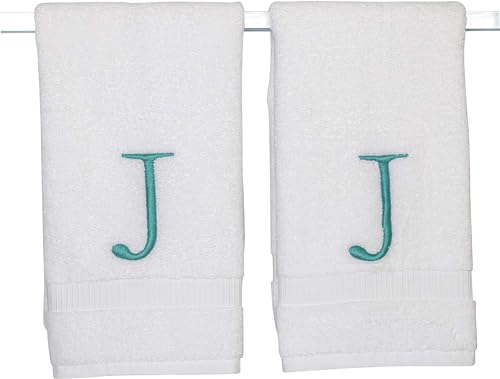 White with Teal Monogrammed Hand Towels for Bathroom - Set of 2 Letter J - Luxury Hotel Quality Initial Towels For Powder Room, Spa, GOTS Organic Certified