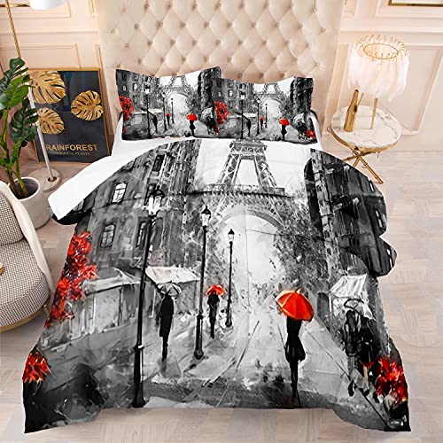 kxry Paris Comforter Set Eiffel Tower Quilt Grey Bedding Full Size French Style Red Umbrella for Women Girls 1 Comforter + 1 Pillow Cases