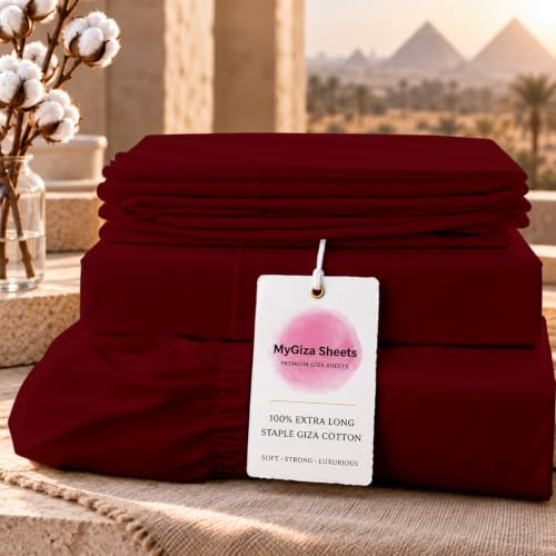 MyGiza Sheets,100% Certified Giza Egyptian Cotton Sheets-King Size Giza Cotton Sheets Set to Fit Upto 18 Inches Deep Mattress (4 Pcs) Burgundy