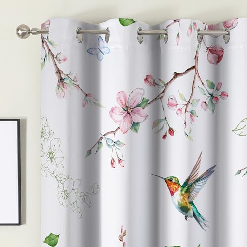 cusugbaso Spring Curtains 96 Inches Long, Floral Bird Branch Living Room Blackout Curtains Room Darkening, Farmhouse Light Blocking Drapes Grommet for Bedroom Bathroom, 2 Panels