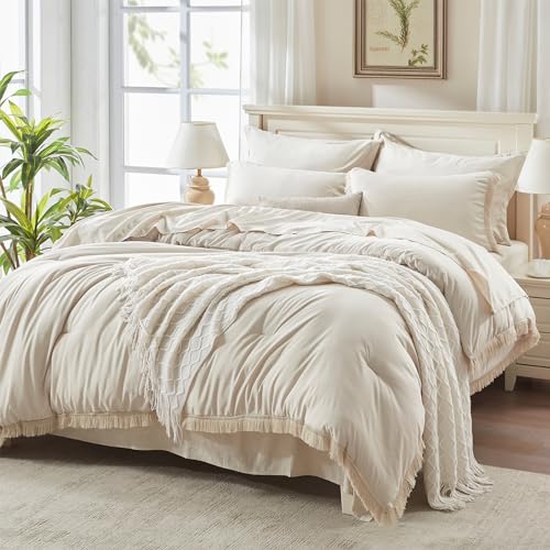 Andency Queen Comforter Set, 7 Pieces Beige Bedding - Boho Bed in a Bag, Soft Lightweight, Fringe Bed Set with Comforter(90x90), Sheets, Pillowcases & Shams