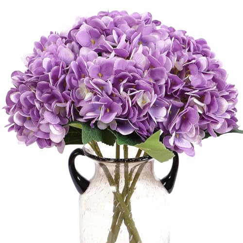 Kimura's Cabin 6Pcs Artificial Silk Hydrangea Fake Flowers Faux Hydrangea Bouquet for Home Table Centerpieces Wedding Garden Party Decoration (Purple)