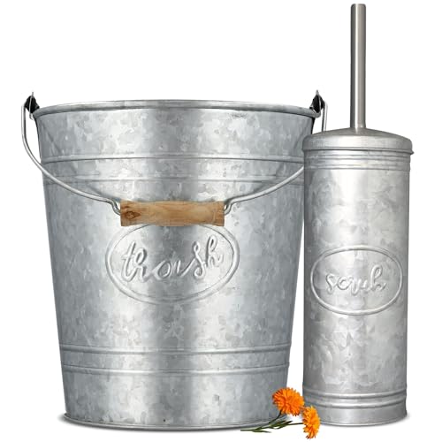 Autumn Alley Farmhouse Bathroom Trash Can and Toilet Brush Set - Rustic Bathroom Accessories, Galvanized, Grey