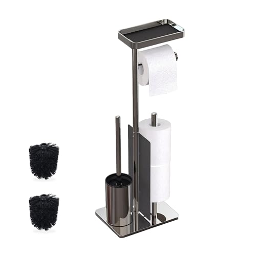 Relaxdays toilet set, stainless steel, shelf & roll holder, freestanding, HWD: 75x22x20 cm, toilet caddy, silver/black