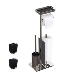 Relaxdays toilet set, stainless steel, shelf & roll holder, freestanding, HWD: 75x22x20 cm, toilet caddy, silver/black